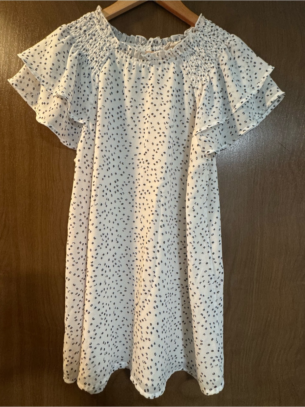 White Smocked Ruffle Blouse with Black Dot Print
